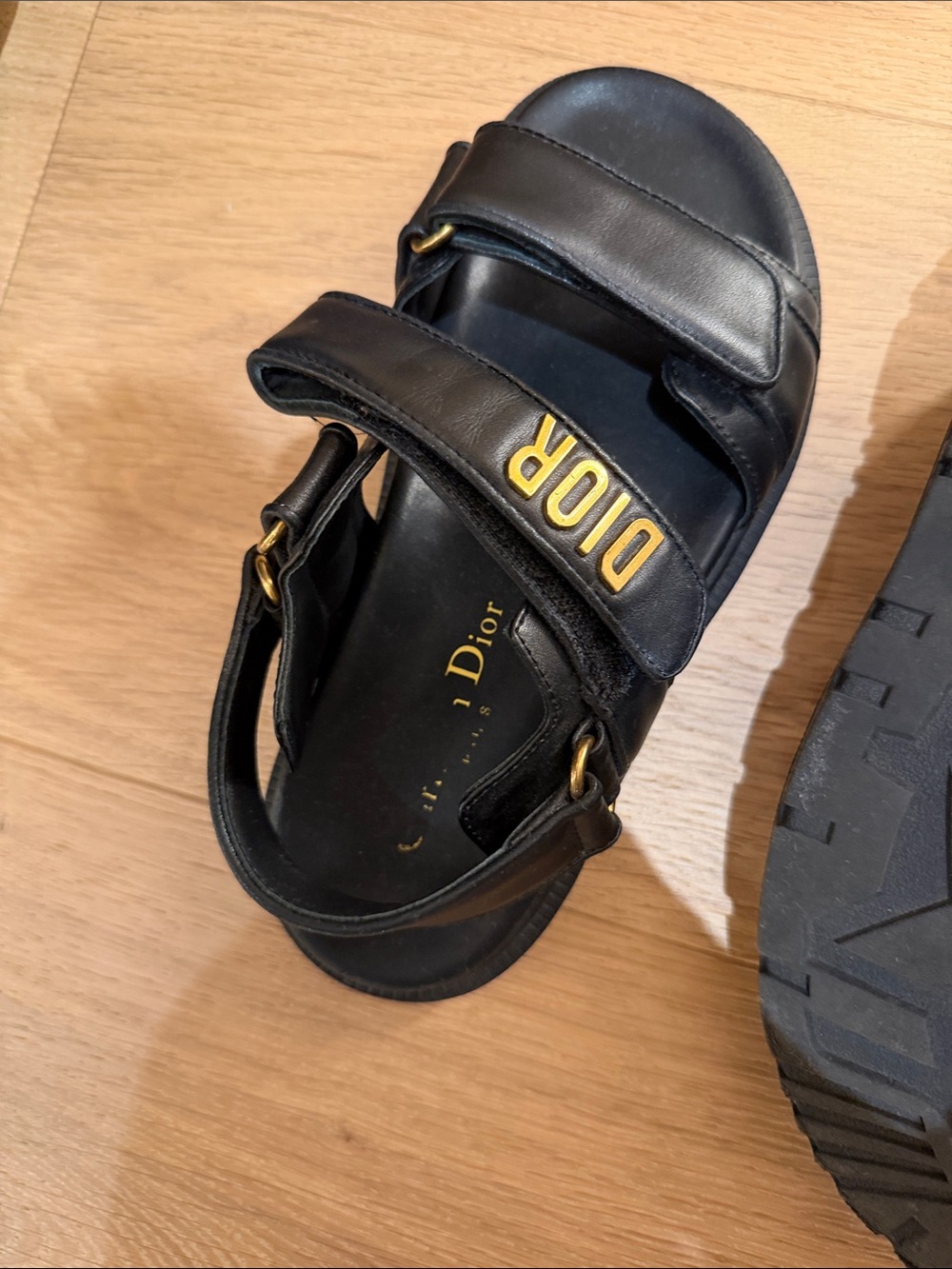 Dior Black Leather Men's Gold-Accented Velcro Strap Sandals - Picture 3 of 4